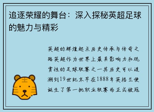 追逐荣耀的舞台：深入探秘英超足球的魅力与精彩