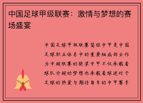中国足球甲级联赛：激情与梦想的赛场盛宴
